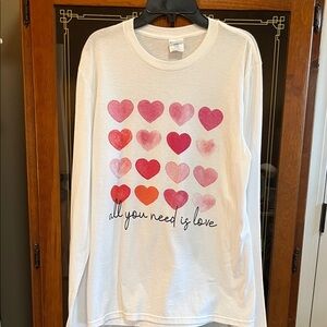 Women’s White and Pink Heart Long Sleeve Shirt